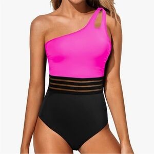 Vibrant One-Shoulder Pink and Black Swimsuit